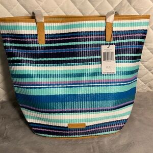 NWT Vera Bradley Straw Bucket Tote Bag Blue, Teal, Purple, White Stripe